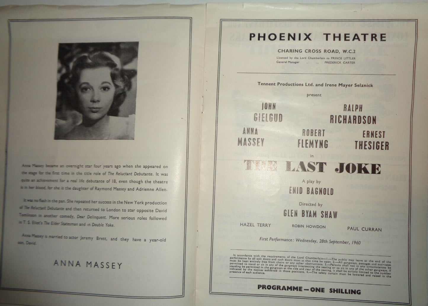 THE LAST JOKE - PROGRAM - JOHN GIELGUD, RALPH RICHARDSON, PHOENIX THEATRE 1960