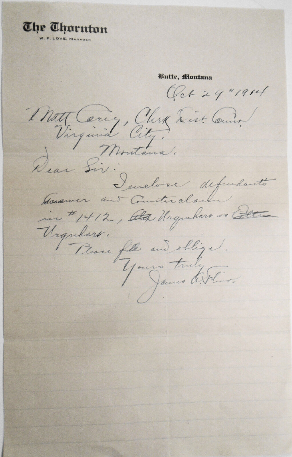 1914 - The Thornton Hotel. Butte, Montana - Original legal letter on note paper.