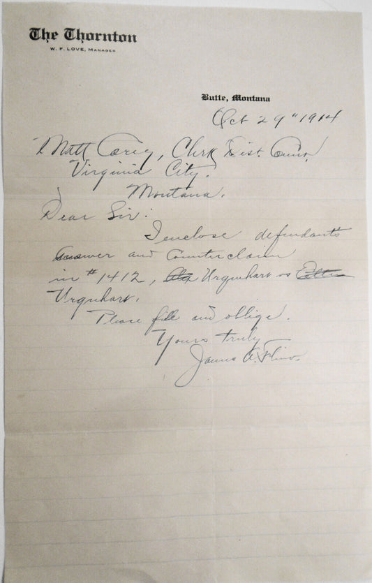 1914 - The Thornton Hotel. Butte, Montana - Original legal letter on note paper.