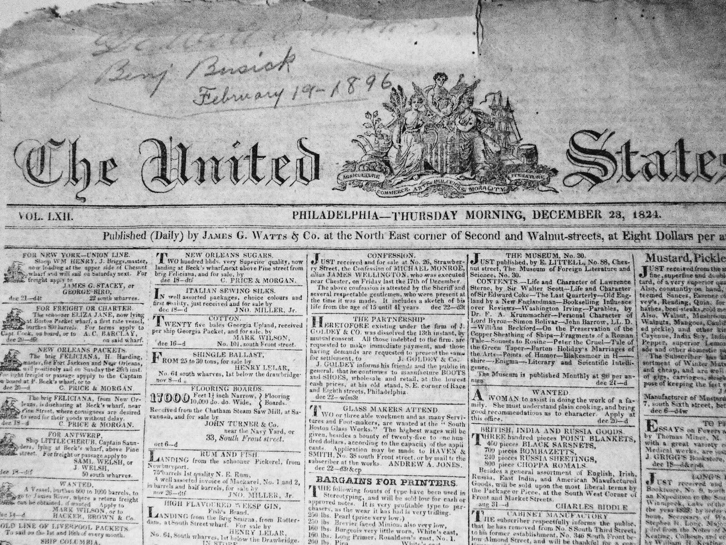 The United States Gazette December 23, 1824 - South Carolina laws re. Blacks etc