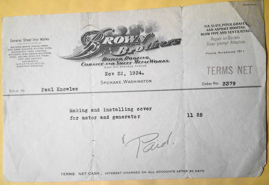 1934 Brown Brothers, Boiler, Roofing. Sheet Metal... Spokane WA Billhead receipt