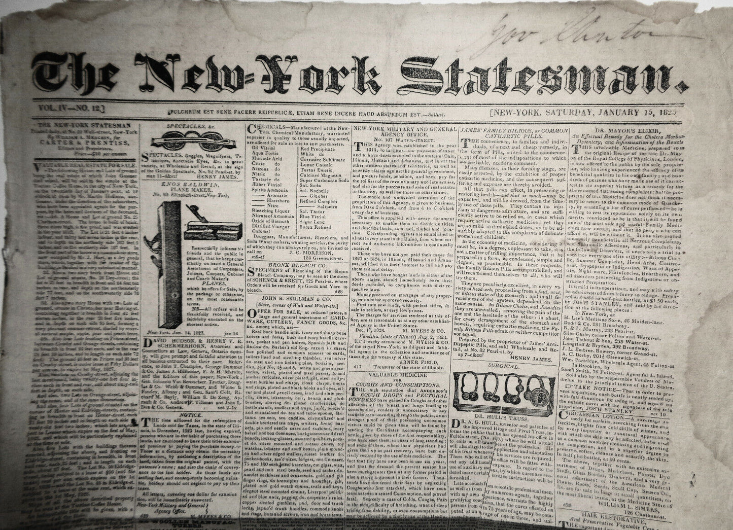 THE NEW-YORK STATESMAN, January 15, 1825 - NY Governor DeWitt Clinton's copy