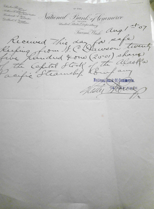 1907  National Bank of Commerce, Tacoma, - receipt - stock held for safekeeping
