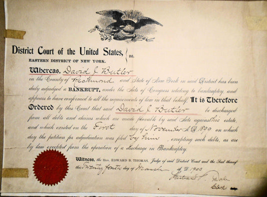 David J. Butler, Adjudged a Bankrupt. Certificate, Richmond,  New York, 1900.