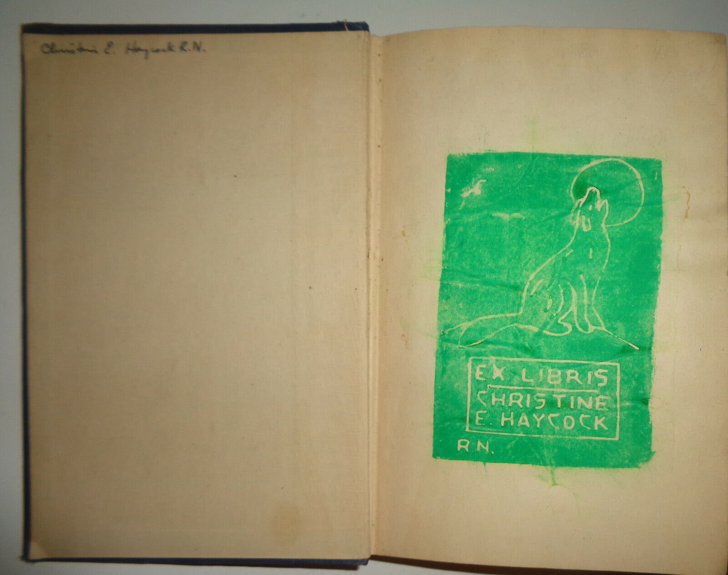 Handpainted original Ex-Libris Bookplate of Dr. Christine E Haycock on 1943 book