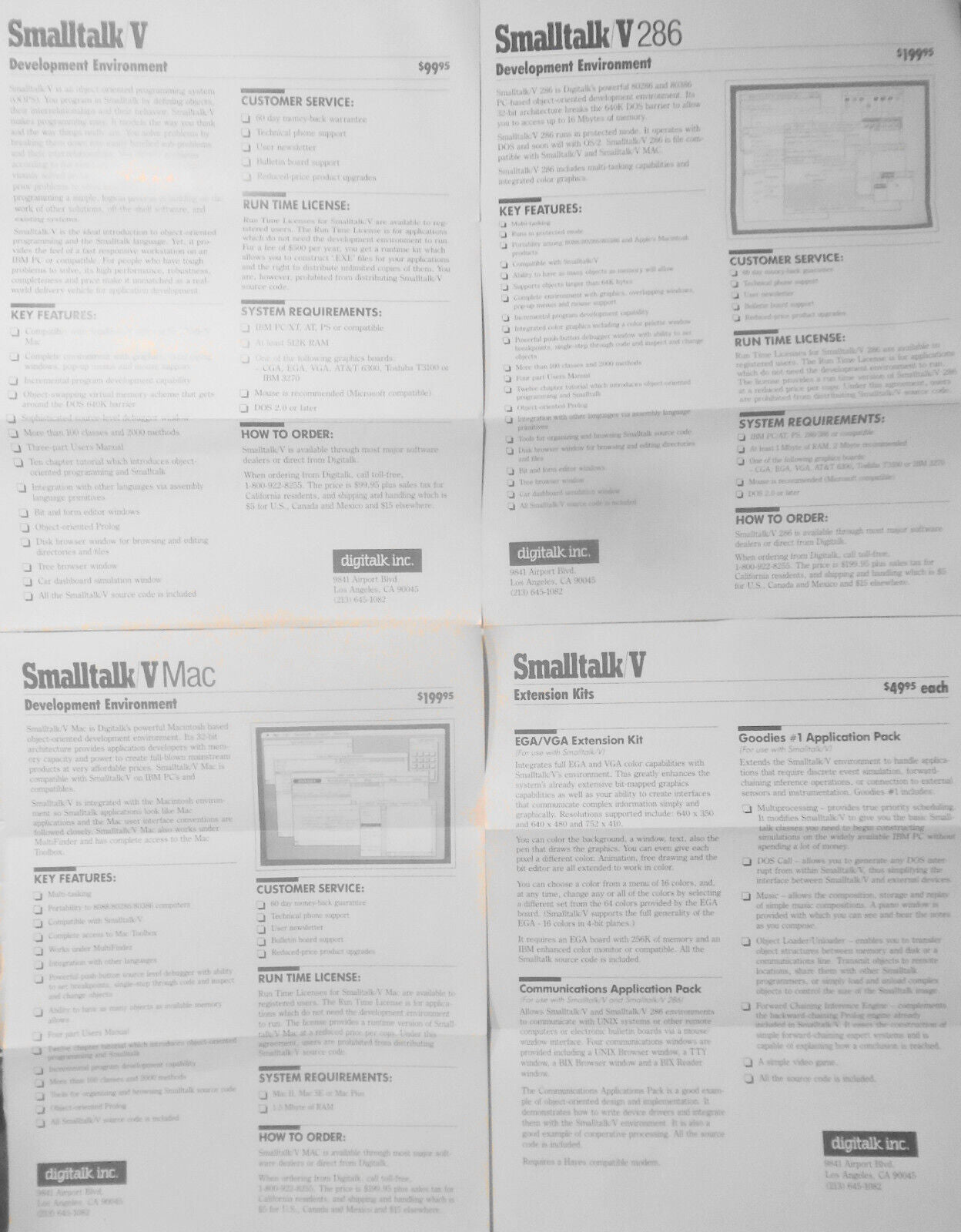 Smalltalk V by Digitalk, Inc. - 4 original promo flyers, [1988]