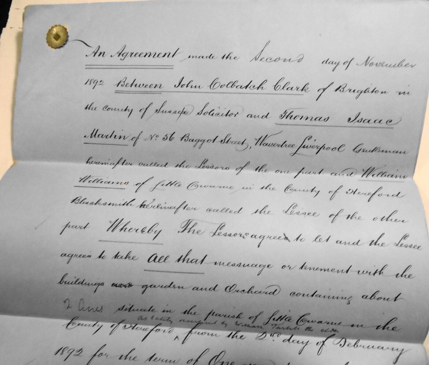 1892 Draft Lease. Hereford, England. Clark & Martin to William Williams.