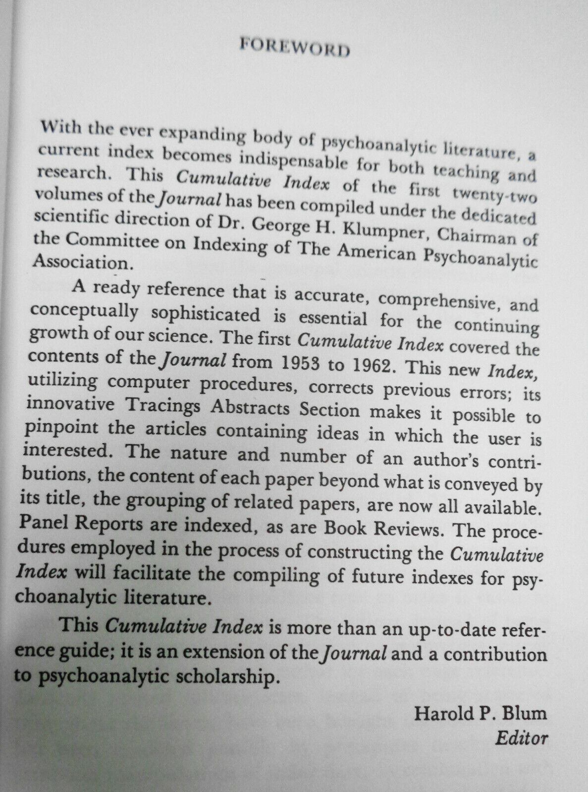 Journal of American Psychoanalytic Association: cumulative index V 1-22, 1953-74