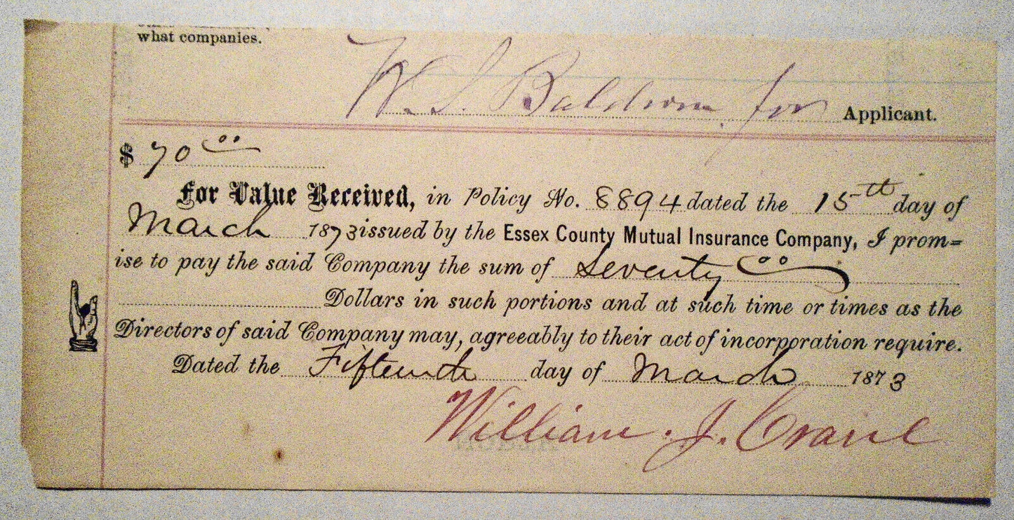 1878 Two notes regarding renewal, Essex County Mutual Insurance Co., New Jersey