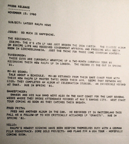 The Residents - 1980 Press release : Latest Ralph News