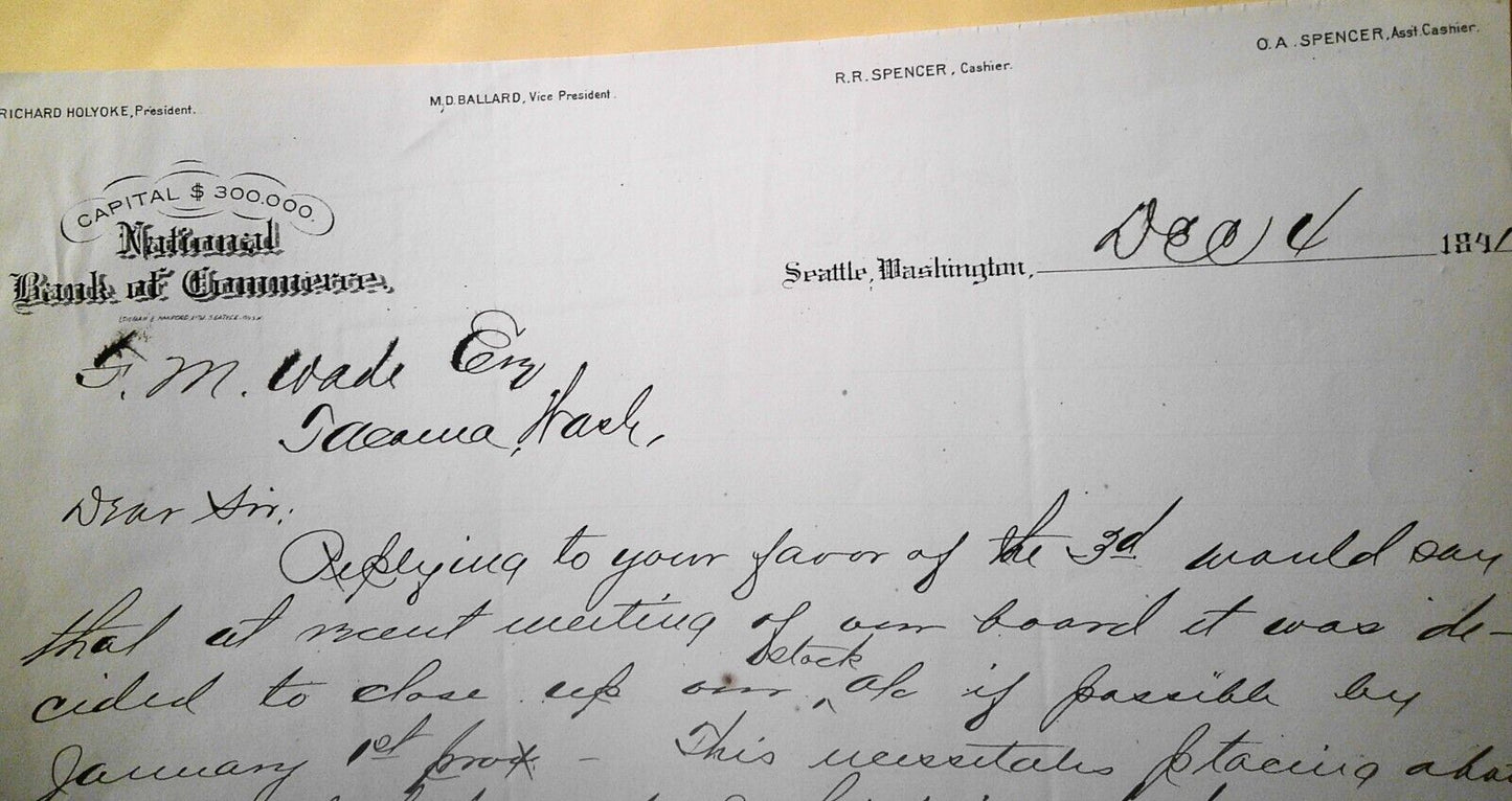 1891  National Bank of Commerce, Seattle, Washington - note on letterhead
