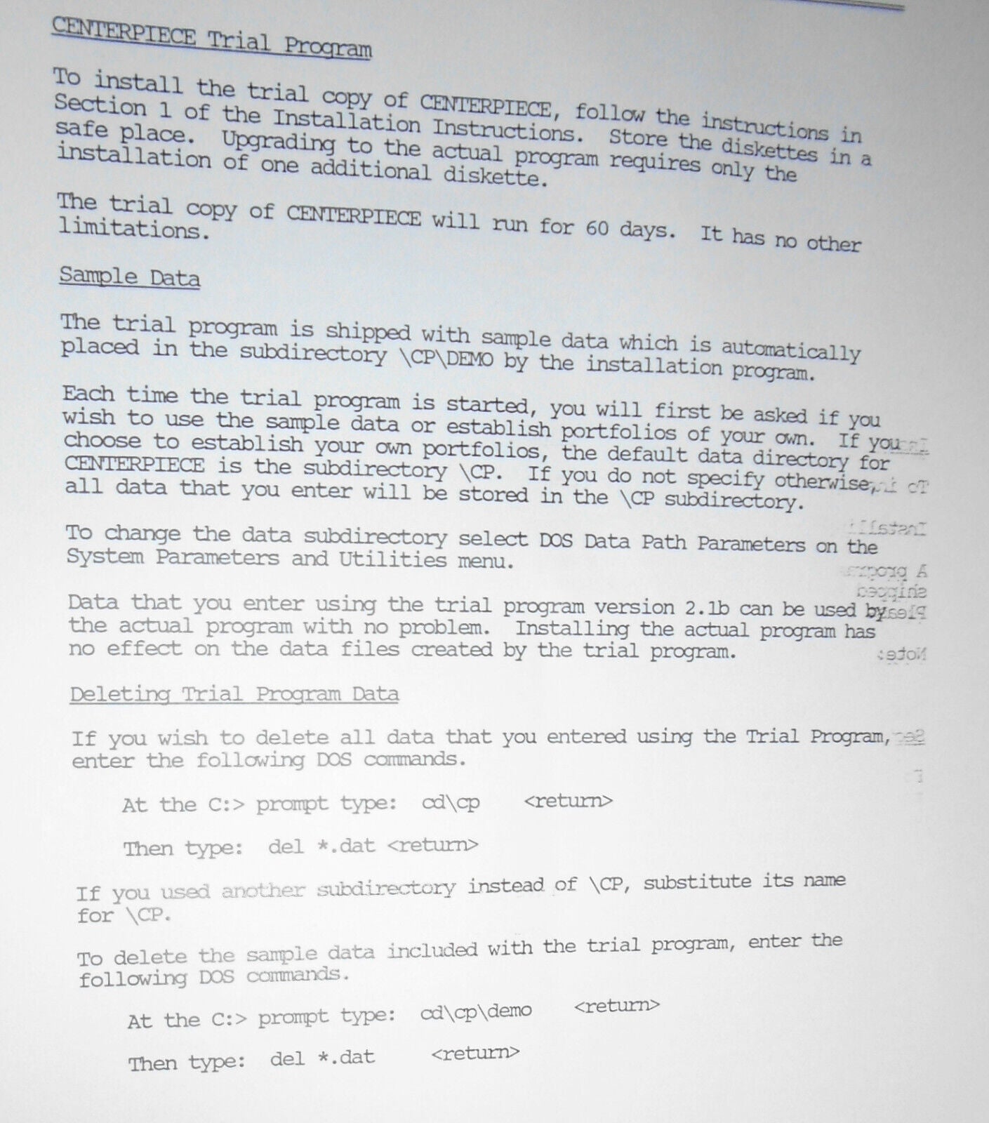 Centerpiece Portfolio Management Software - Trial Program - 1988, for IBM PCs