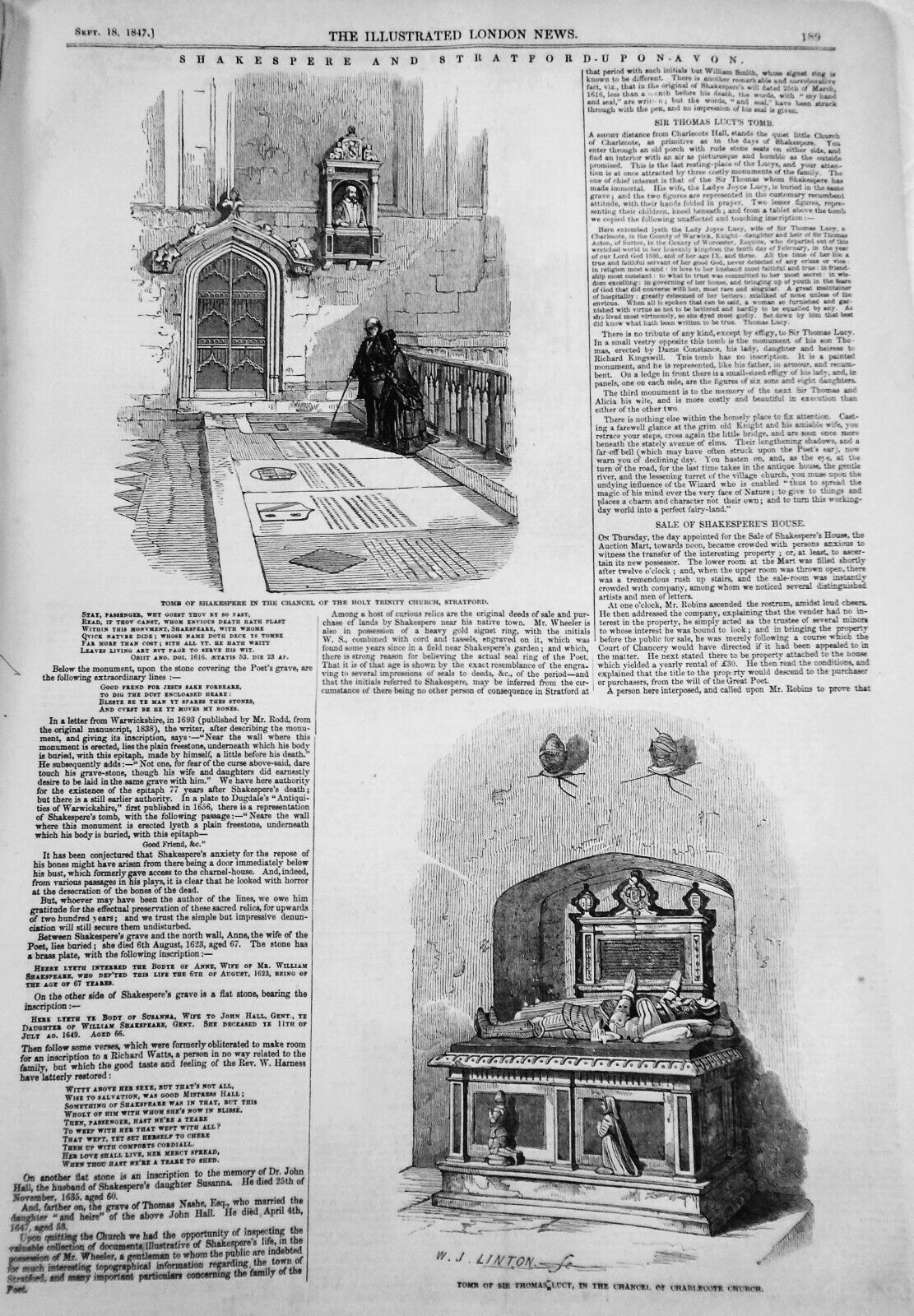 Illustrated London News, September 18, 1847 -  Shakespeare & Stratford Upon Avon