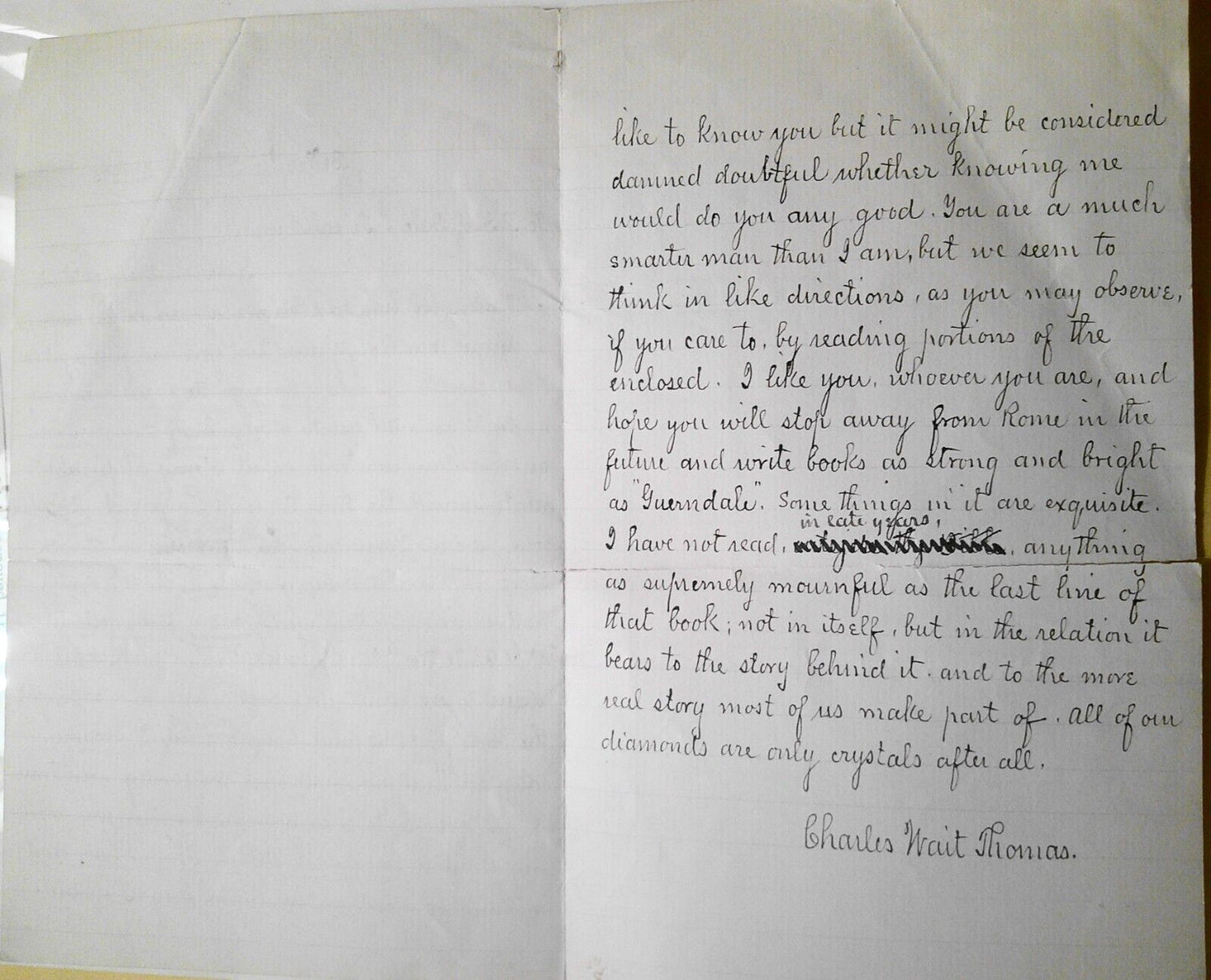 1885 Letter from Charls Wait Thomas to author J. S. of Dale