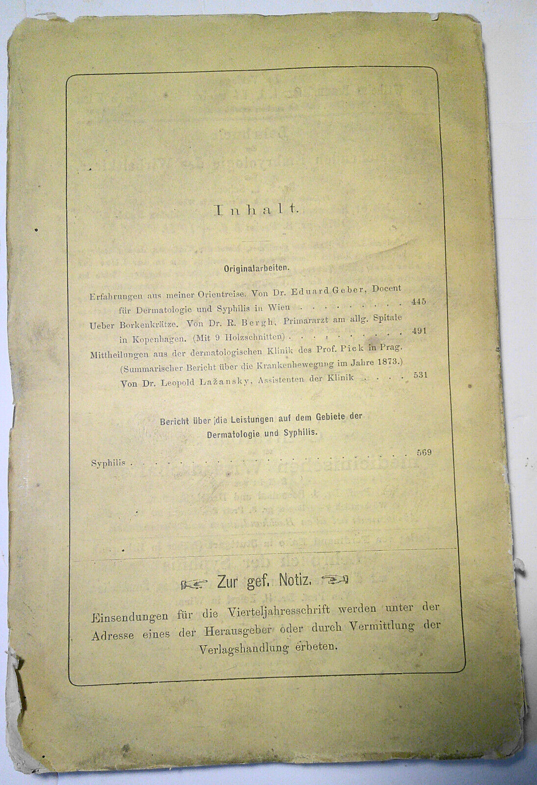 Vierteljahresschrift Fur Dermatologie Und Syphilis. I  Jahrang 1874 Viertes Heft