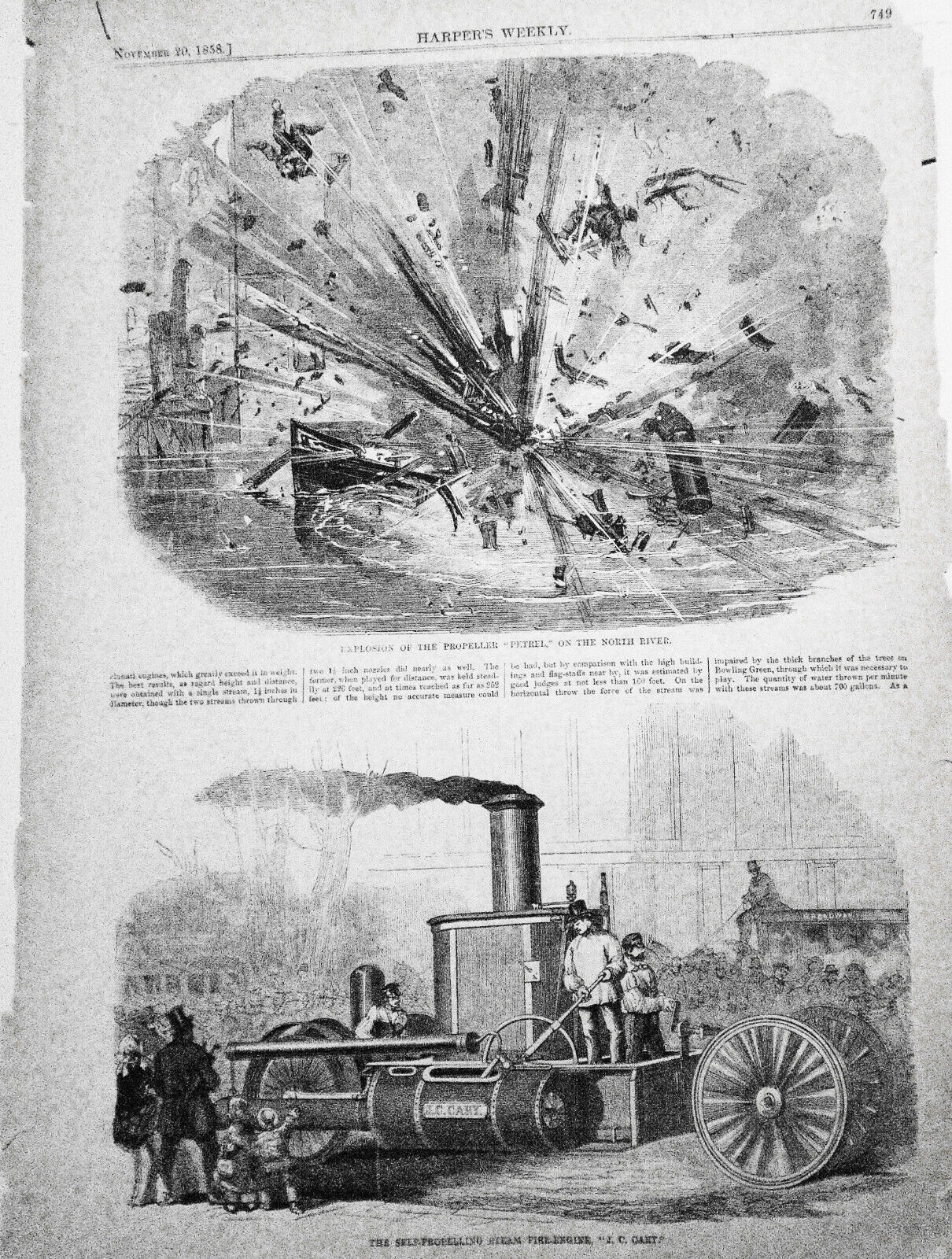 Explosion Of The Propeller "Petrel" On The North River + Steam Fire Engine -1858