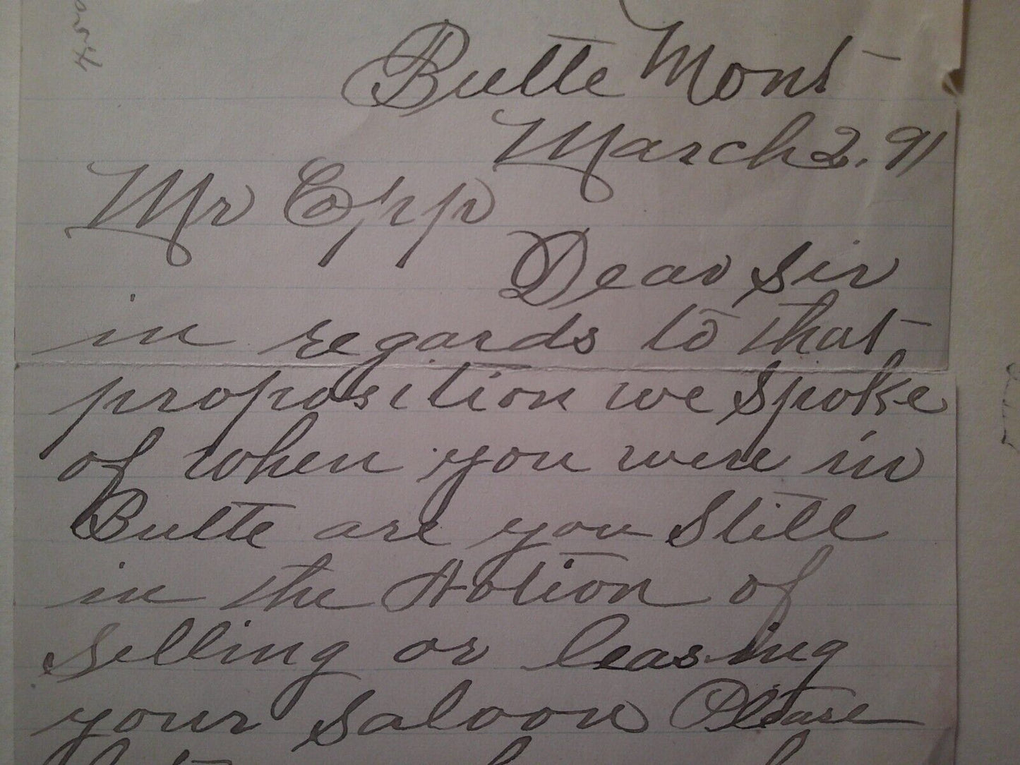 1891 Butte, Montana - Handwritten letter re. proposed sale or rental of a saloon