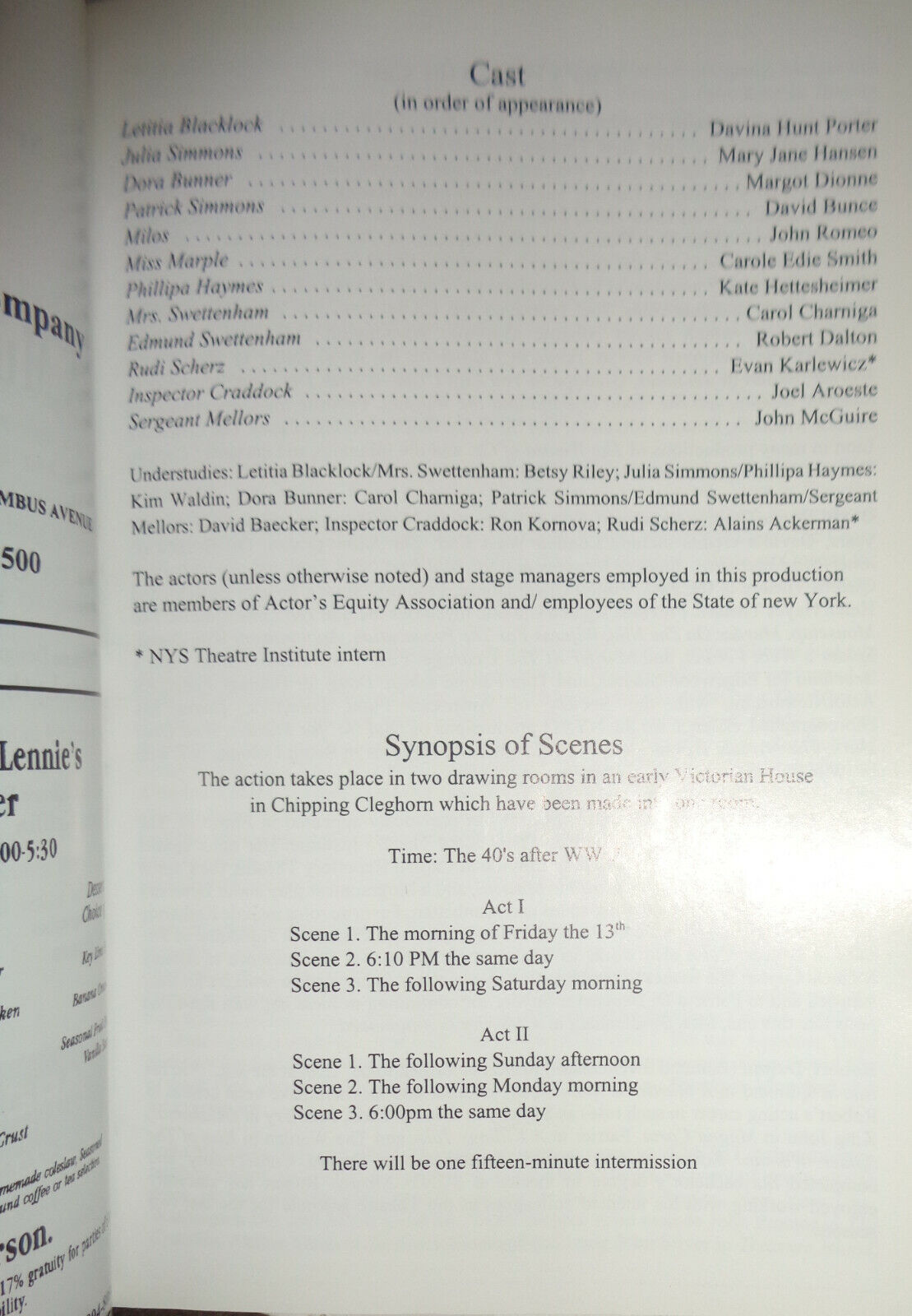 A MURDER IS ANNOUNCED, Agatha Christie PROGRAM - 2003 QUEENS THEATRE IN THE PARK