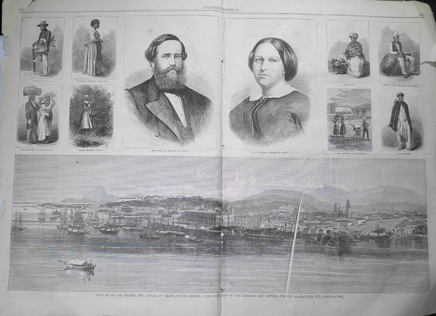 Rio de Janeiro, Brazil -  Harper's Weekly, 1865 - original double-page print