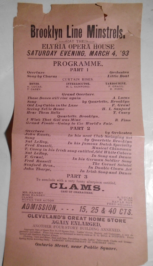 1893 Brooklyn Line Minstrels program - Elyria Opera House, Ohio