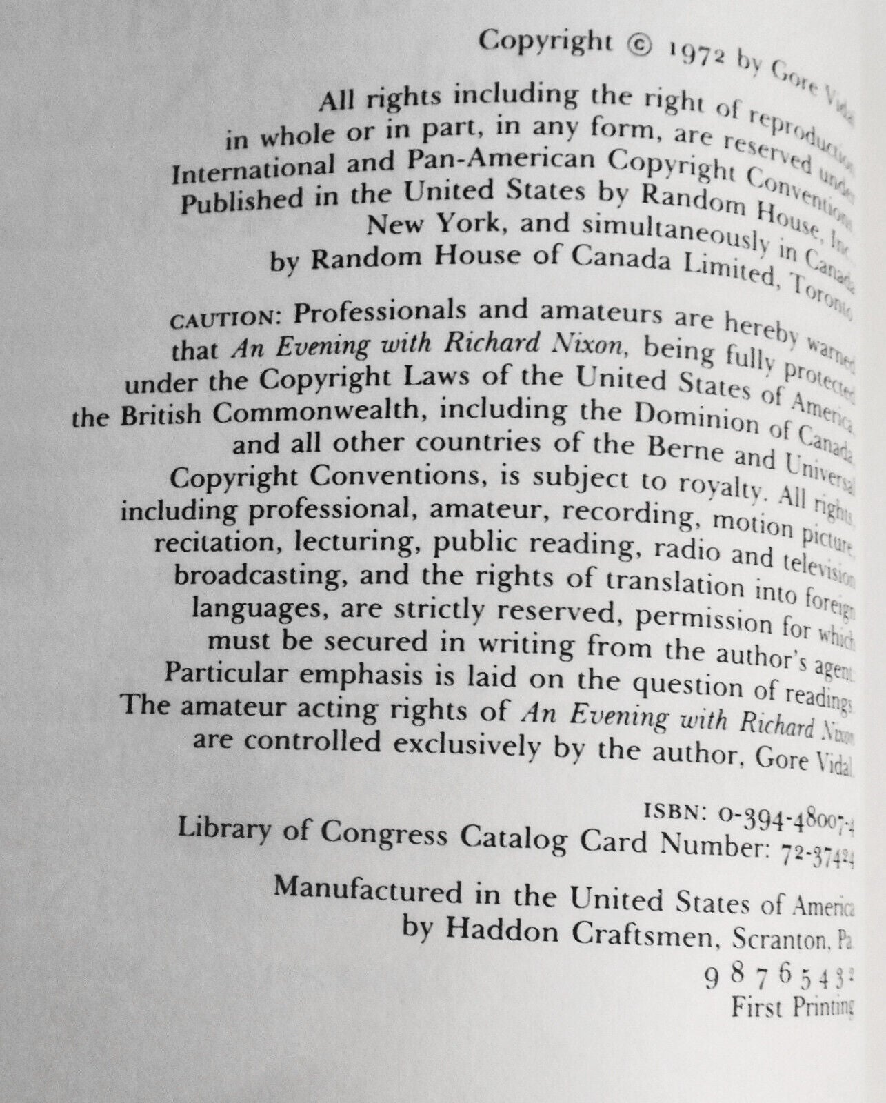 An Evening With Richard Nixon, by Gore Vidal. First edition 1972. 1st printing