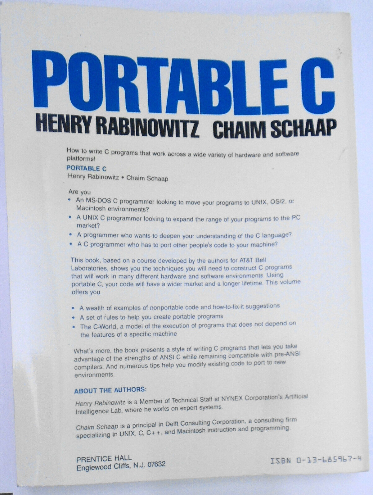 Portable C, by Henry Rabinowitz & Chaim Schaap. 1989. First edition. Softcover.