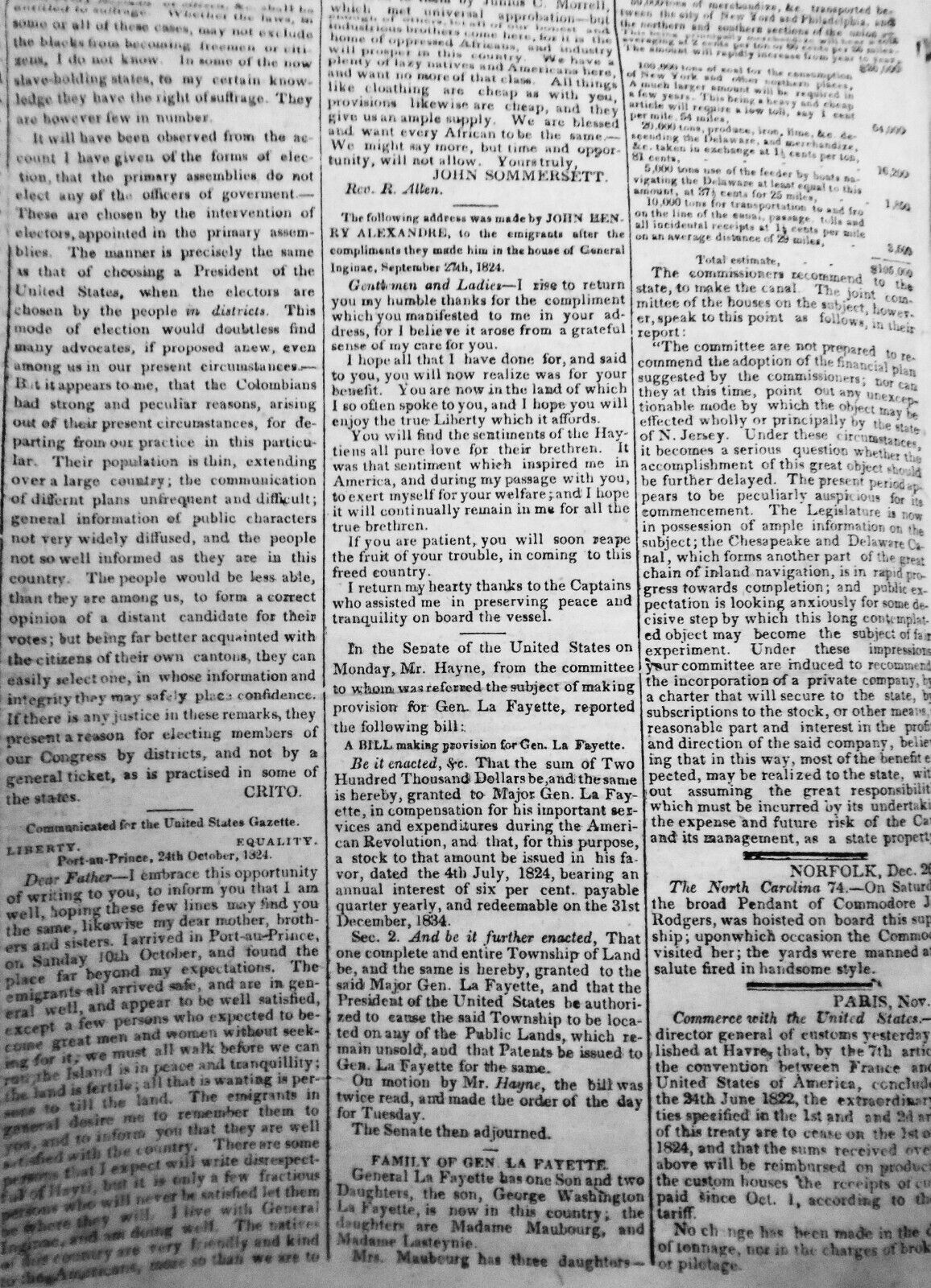 The United States Gazette December 23, 1824 - South Carolina laws re. Blacks etc