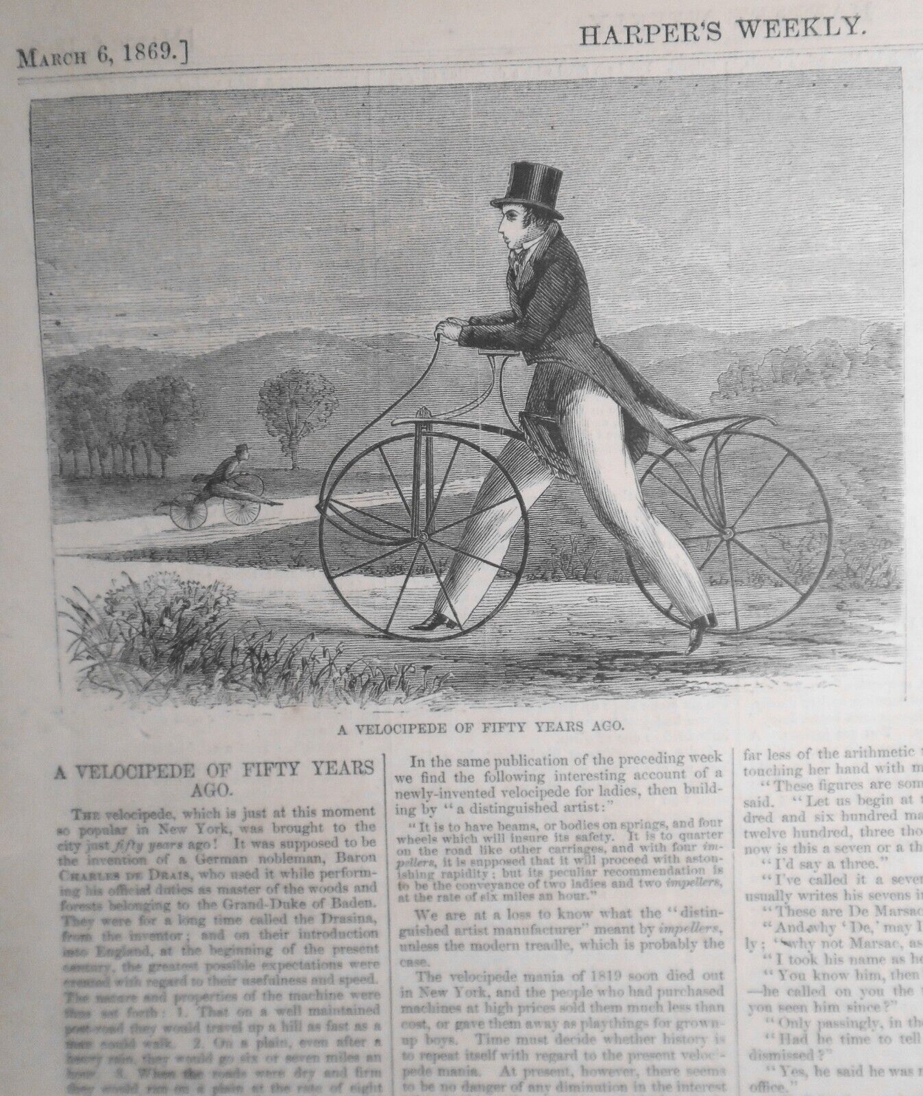 1869 A Velocipede of Fifty Years Ago - original print, Harper's Weekly, March 6