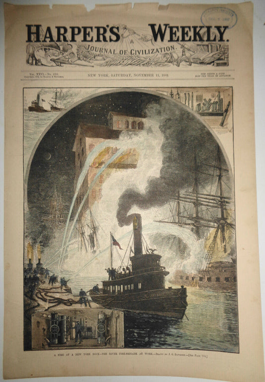 HARPER'S WEEKLY ORIG HAND-COLORED PRINT - A FIRE AT A NEW YORK DOCK NOV 11, 1882