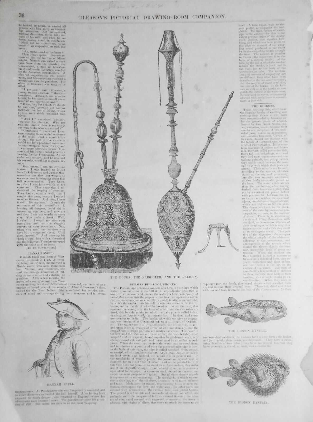 Persian Pipes For Smoking - Houka, The Narghileh, And Kalioun. - Gleason's 1854