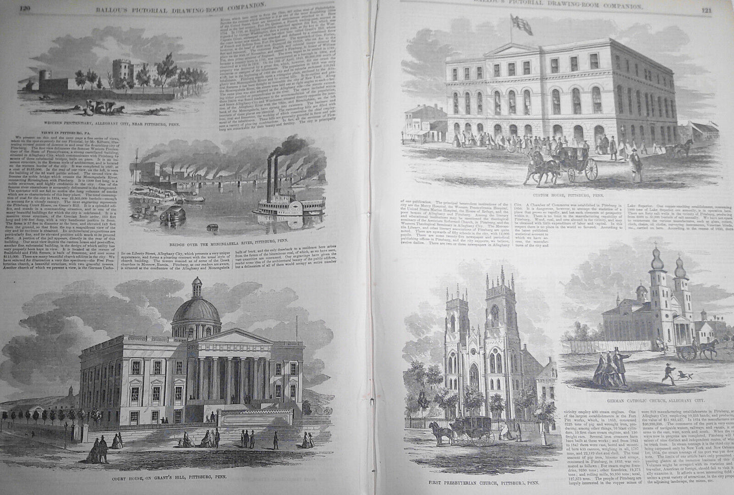 Views in Pittsburg, PA - Story & 6 Prints - Ballou's Pictorial February 21, 1857