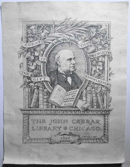 John Crerar Library, Chicago Ex-libris Bookplate, by E. D. French. 1896