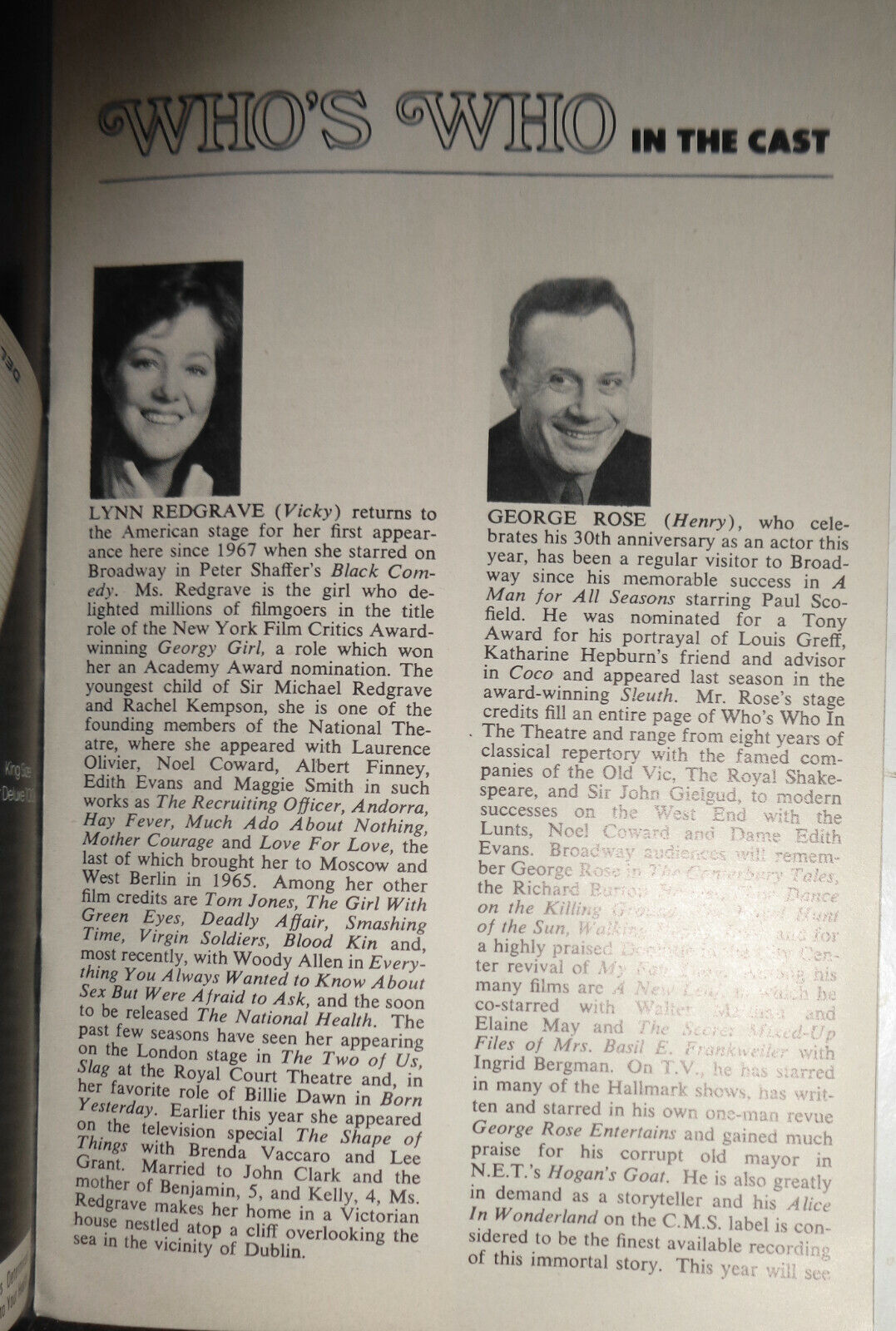 MY FAT FRIEND - PLAYBILL - OPENING NIGHT, MARCH 31, 1974. LYNN REDGRAVE