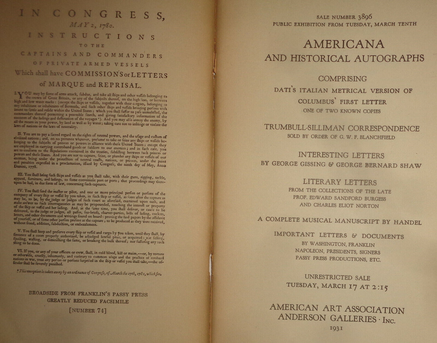Americana and historical autographs. - 1931 - Sale No. 3896. Anderson Galleries