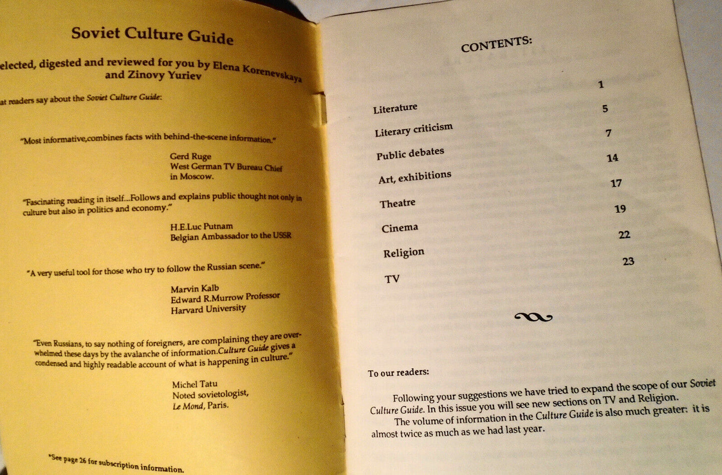 Soviet culture guide. October 1989 - Literary magazines, Theatre, Movies, Arts.