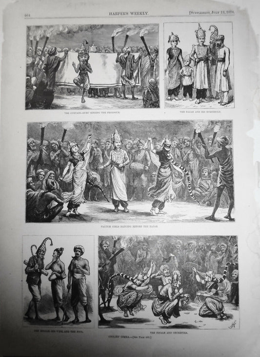 Coolies' Opera - Harper's Weekly, July 13, 1878 - Original - 5 prints on page