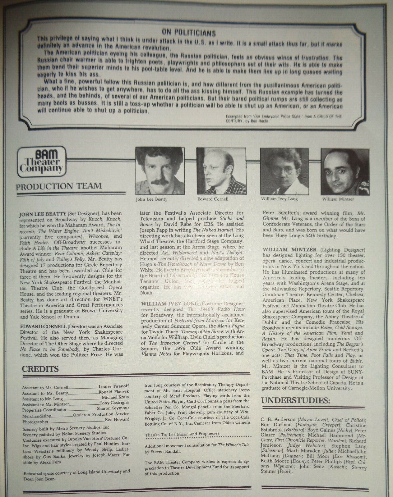 JOHNNY ON A SPOT by CHARLES MacARTHUR - PROGRAM - 1980 Brooklyn Academic Music