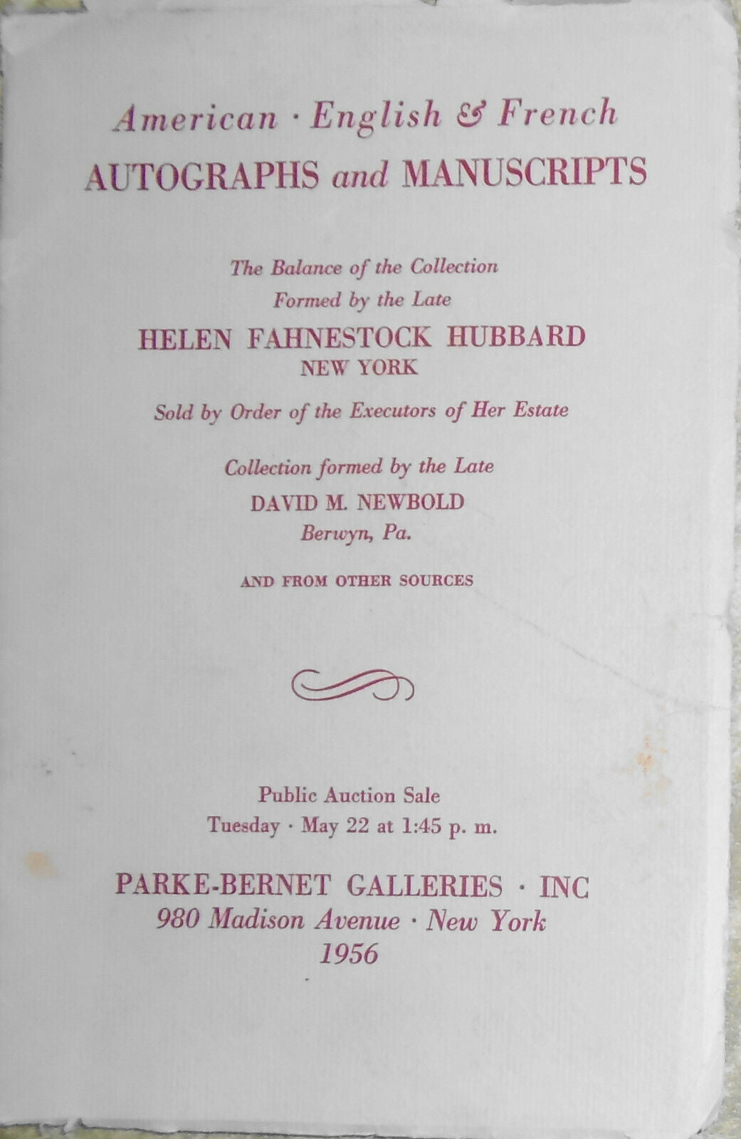 American English French Autographs Ms Helen Fahnestock Hubbard Parke-Bernet 1956