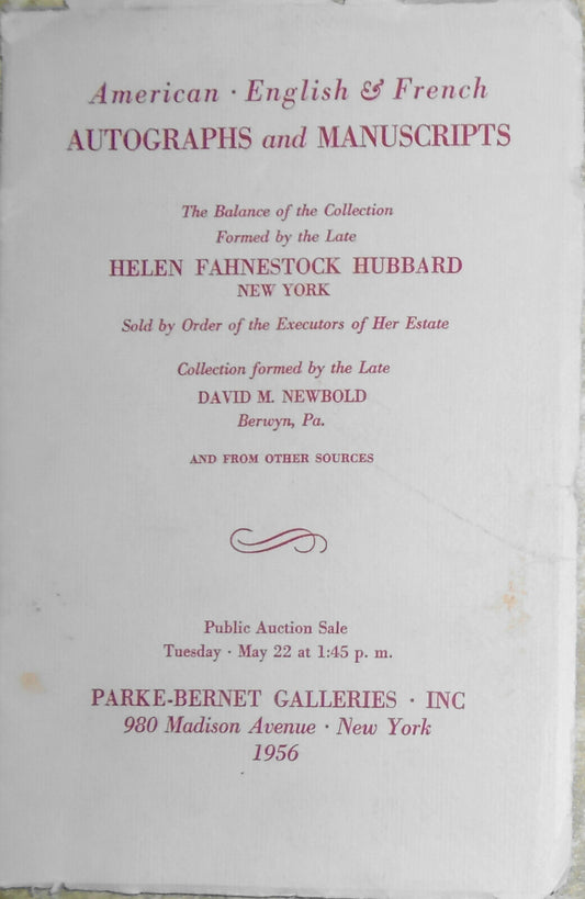 American English French Autographs Ms Helen Fahnestock Hubbard Parke-Bernet 1956