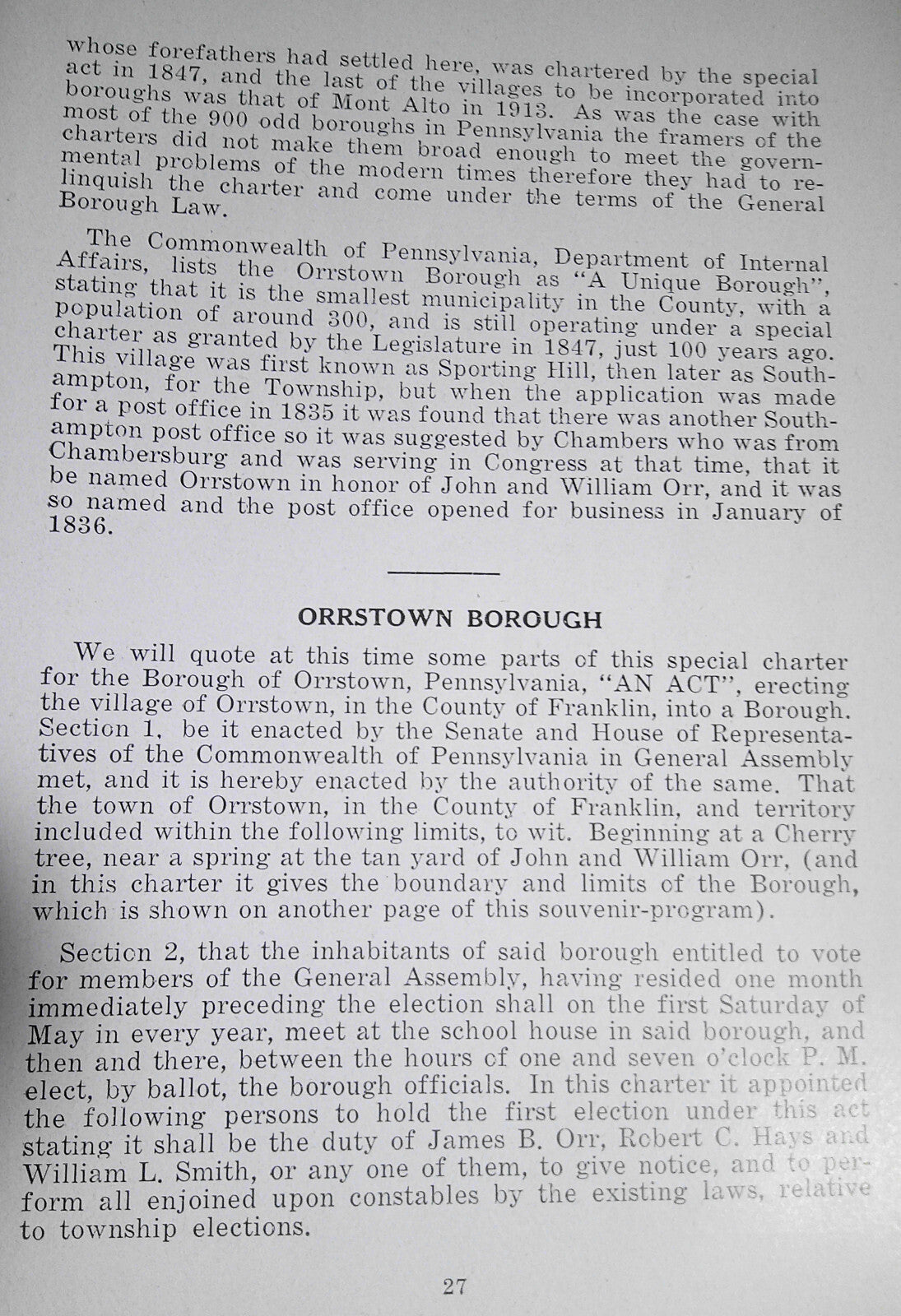 Orrstown centennial, 100th anniversary, 1847-1947 Souvenir program.