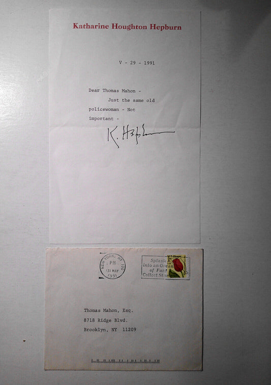 Katharine Hepburn SIGNED note. 1991. With envelope.