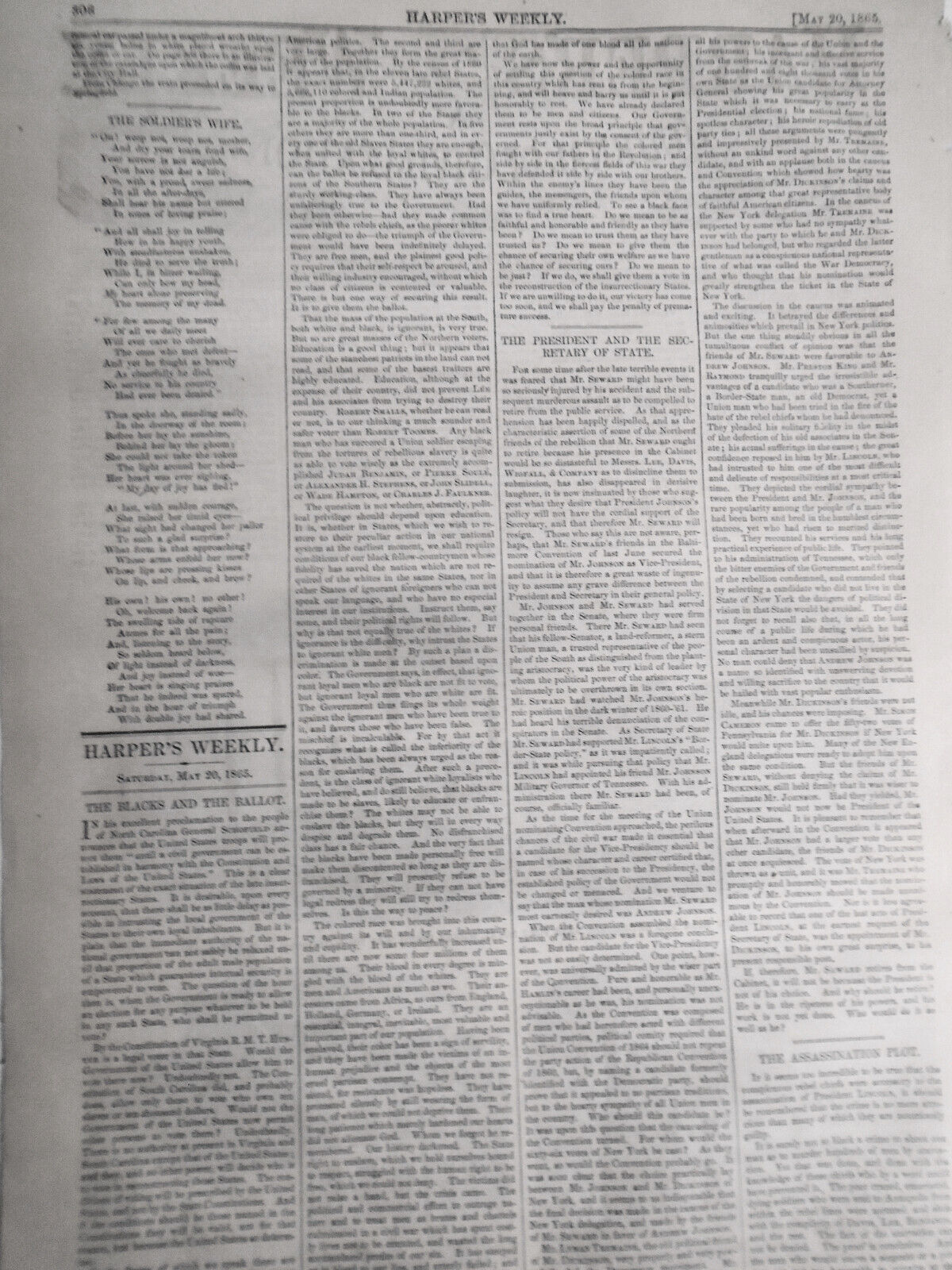 Harper's Weekly May 20, 1865. Original: Lincoln, Booth,  Blacks and the Ballot.