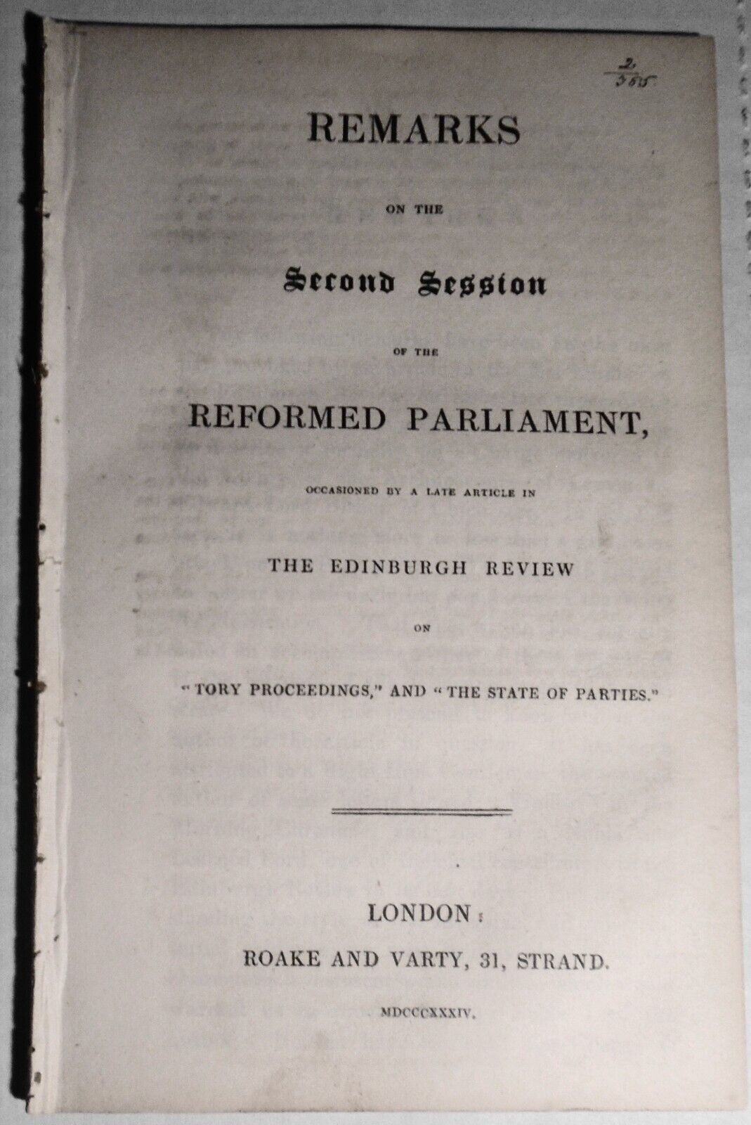 1834 Remarks on the second session of the reformed Parliament