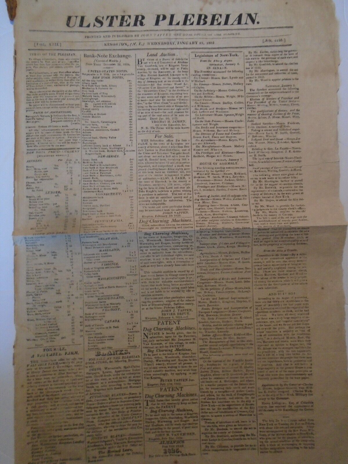 Albany Daily Advertiser January 7, 1825. New York Governor DeWitt Clinton's copy