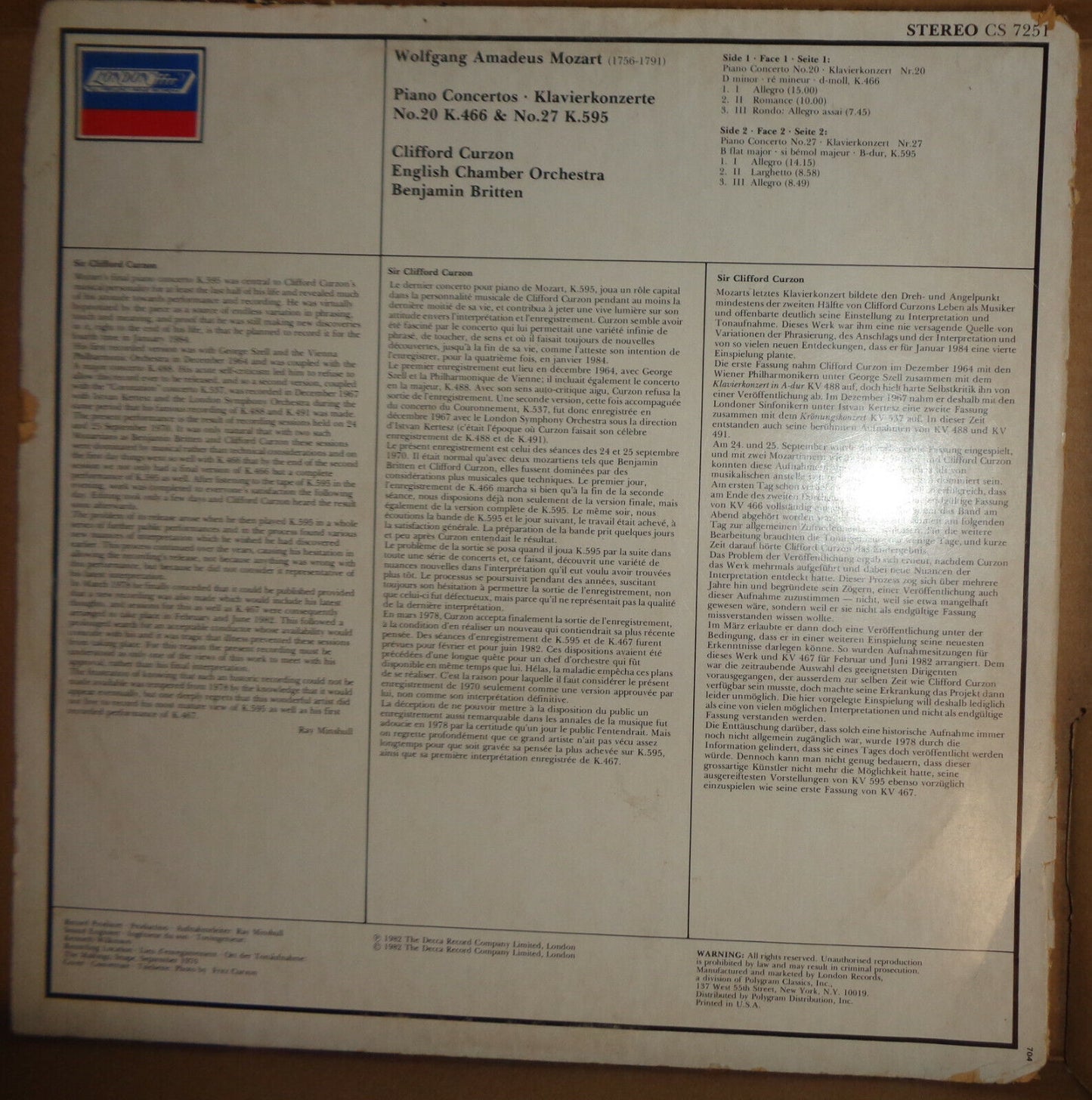 Clifford Curzon, Benjamin Britten, Mozart LP  ‎–  Piano Concertos