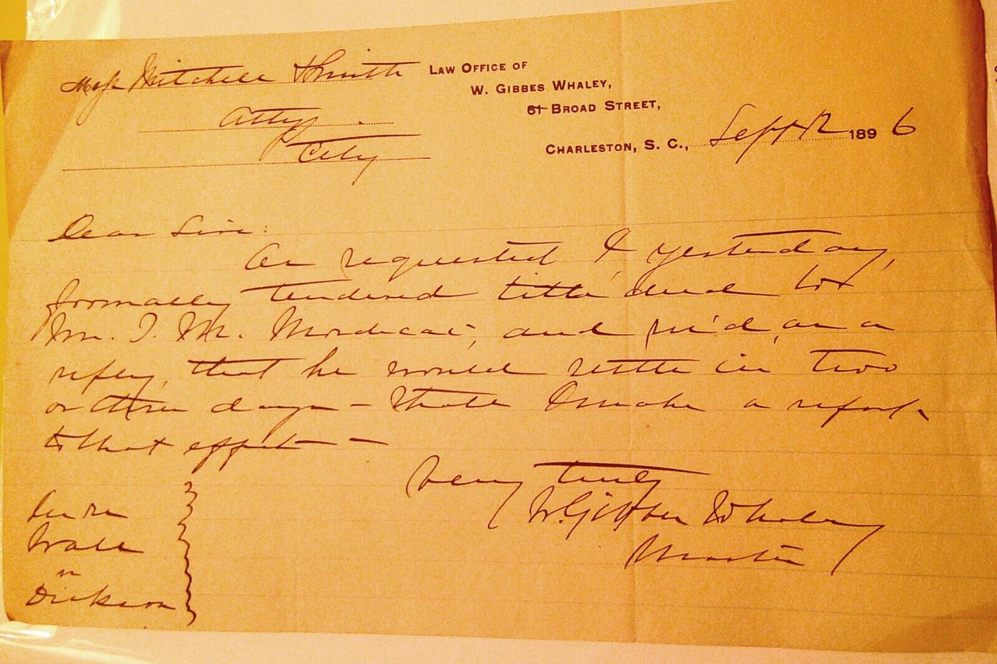 1896 Law Offices of W. Gibbes Whaley - Letter on Note paper