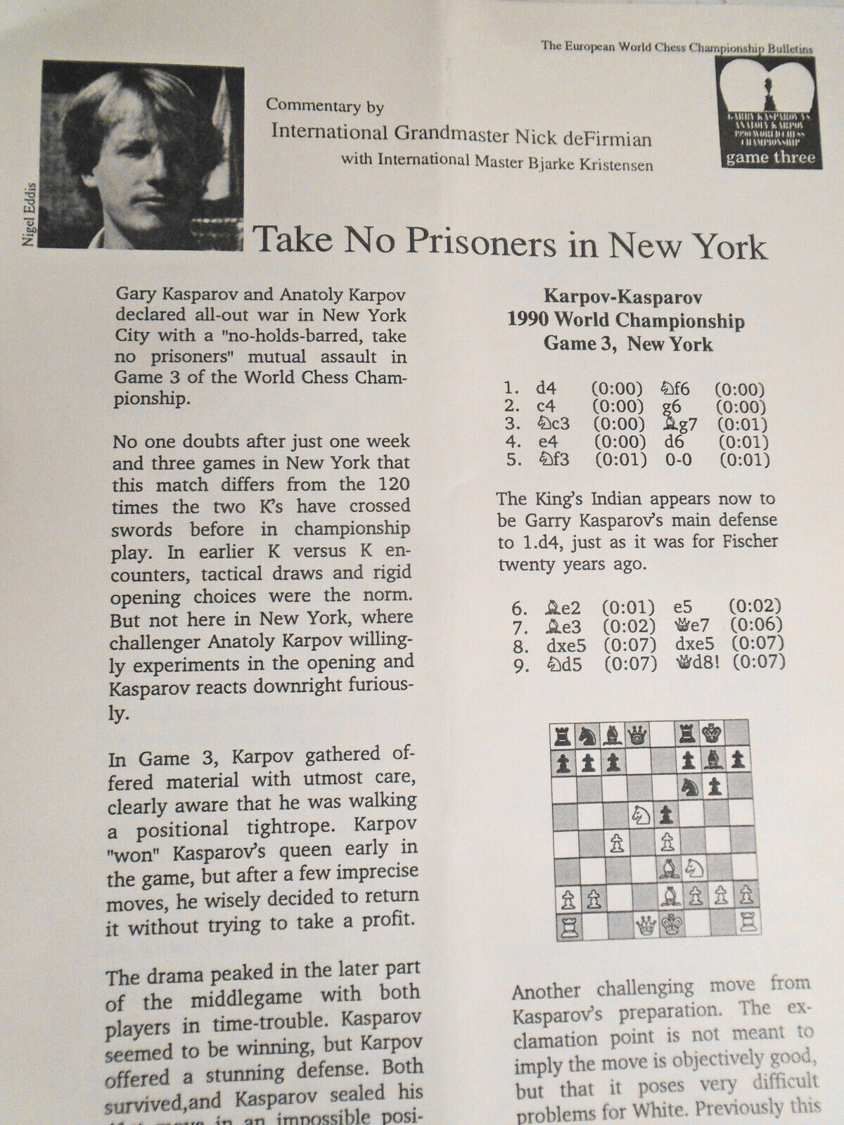 The European World Chess Championship Bulletin, Game 3, 1990. Kasparov vs Karpov