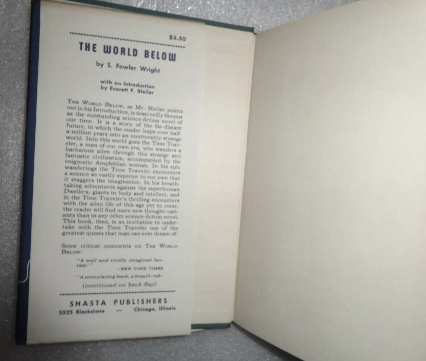 The World Below, by S. Fowler Wright. 1949 Shasta HC. 1st thus [Science Fiction]