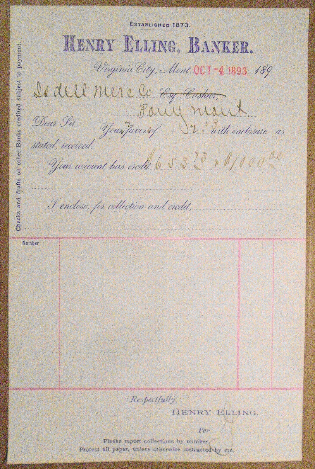 1893 Henry Elling, Banker - Billhead Receipt, Virginia City, Montana. Original