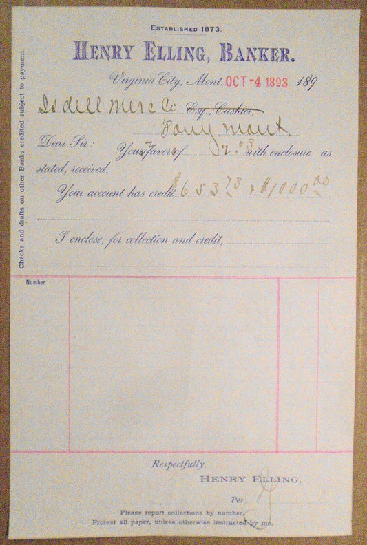 1893 Henry Elling, Banker - Billhead Receipt, Virginia City, Montana. Original